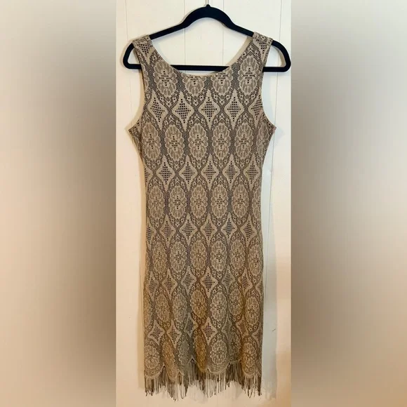 HARLOW Vintage Pullover Dress SZE 10 Tan Lace over Black Bodice Party or Formal - Picture 1 of 7